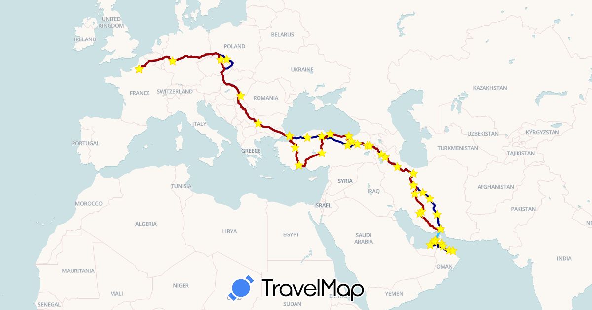 TravelMap itinerary: driving, boat, notre roulotte in United Arab Emirates, Bulgaria, Germany, France, Hungary, Iran, Oman, Poland, Turkey (Asia, Europe)